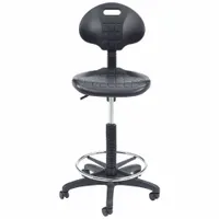 This armless drafting chair from NATIONAL PUBLIC SEATING features a black steel frame and polyurethane plastic material. The tilting back provides user comfort during extended seated work. Suitable for industrial drafting, workbench, and lab applications