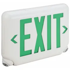 White plastic exit sign with two faces featuring green LED text and universal field selectable chevrons. Includes round bottom-mount emergency light heads. Operates on 120/277V AC and is suitable for ceiling or wall mounting. Powered by a Lithium Iron Phosphate battery.