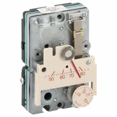 Single-temperature pneumatic thermostat with direct action and a temperature control range of 45° to 85°F. Designed for one low-volume pipe or air flow output. Mounts vertically; cover not included. Used in HVAC pneumatic control systems for zone temperature regulation.