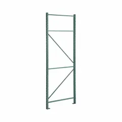This steel upright is a vertical support for pallet rack systems, featuring a teardrop design for easy beam adjustment. It measures 36 inches by 3 inches with a 10-foot overall height and a green finish. Suitable for warehouses and distribution centers requiring structural stability for palletized storage.
