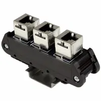 This DIN rail-mount RJ45 network module provides three unnumbered Cat5e Ethernet ports with PCB-mounted rear termination. Constructed of plastic, it is designed for structured cabling termination points in industrial control panels and automation systems, enabling clean cable organization and reliable network connections