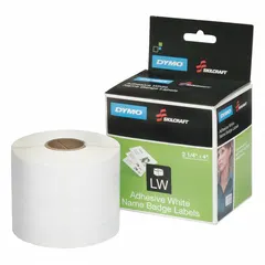 Thermal transfer precut label roll cartridge for LabelWriter 4XL printers. Integrates label stock and ribbon in one unit for single-pass printing. Used for asset tracking, inventory management, and shipping labels.