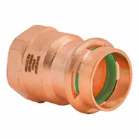 Press-fit x FNPT adapter in copper or bronze. Connects 3/4 in copper tubing to 3/4 in female NPT threaded pipe. Used in plumbing, hydronic heating, and industrial piping systems