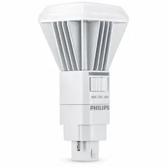 This PHILIPS LED ballast-bypass (UL Type B) plug-in lamp features a 2-pin G24d base and consumes 11 W. It is non-dimmable and offers selectable color temperatures of 3000K, 3500K, or 4000K, with the unit set to 3500K. Designed for direct-wire retrofit, it replaces compact fluorescent lamps in fixtures such as troffers, downlights, and wall sconces.