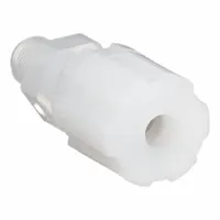 This PARGRIP compression fitting adapter connects 3/8 in OD PFA tubing to 1/4 in male NPT threads. Made of FDA-approved PFA, it is suitable for applications requiring corrosion resistance and purity, such as food-grade, pharmaceutical, and chemical-handling systems