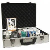 Hydraulic fluid tester kit for on-site oil analysis. Includes reagents to check contamination or degradation. Measures 3 inches wide by 4 3/8 inches high. Suitable for portable fluid condition checks in hydraulic systems