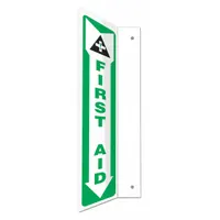 L-Shape Projection First Aid Sign with mounting holes for secure wall installation. Nominal size 18 in x 4 in. Not retroreflective, not glow-in-the-dark, no anti-slip surface. Suitable for marking first aid stations or equipment in industrial and commercial facilities