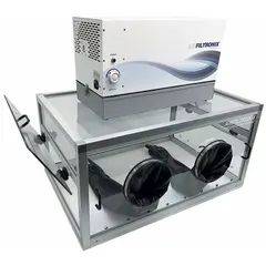 This HEPA filtered glove box provides a sealed workspace for handling hazardous airborne particulates. It includes a HEPA filter and features two ports for operator access. With an overall length of 36 inches, it is suitable for laboratory and industrial applications requiring containment of dangerous dusts, powders, or biological materials.