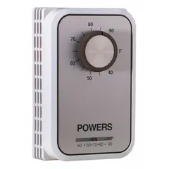 Analog thermostat for line-voltage heating or cooling systems. Features a concealed dial, SPDT switch action (open/close on rise), and auto system setting. Operates on 120 to 240V AC with a temperature control range of 40° to 95°F. Suitable for commercial or industrial HVAC applications requiring single-stage heat and cool control.