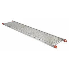 Silver aluminum platform from the Series P line, featuring a deck and frame constructed of aluminum. Includes ergonomic, easy-grip molded handles for secure handling. Designed for use with scaffolding systems to provide a stable elevated work surface for construction, painting, and maintenance tasks.