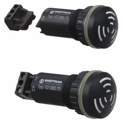 This WERMA buzzer alarm operates on 115 to 230V with 0.73W power consumption. It has a 28 mm diameter black housing and is rated for indoor and outdoor use. Suitable for audible signaling in industrial applications such as machine status alerts and process warnings.