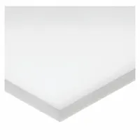 High-density polyethylene bar with opaque white finish. Measures 0.0625 in thick, 0.75 in wide, 4 ft long. Tensile strength 3,500 psi, impact strength 3.0 ft-lb/in. Used for wear strips, chute liners, and machined parts in material handling and food processing