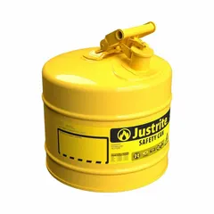 This JUSTRITE Type I Safety Can is a 5-gallon container made of powder-coated steel in yellow, designed for storing and dispensing diesel. It is commonly used in industrial settings for fuel handling and hazardous-material storage.
