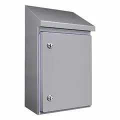 This RITTAL enclosure is fabricated from 304 stainless steel for corrosion resistance. It measures 549 mm x 310 mm x 210 mm and is rated NEMA 1/12/13/3/3X/4/4X, suitable for indoor or outdoor use in industrial environments. The enclosure closes with a 1/4-turn latch; knockouts are not included. It is commonly used to house electrical controls, terminals, and instrumentation.