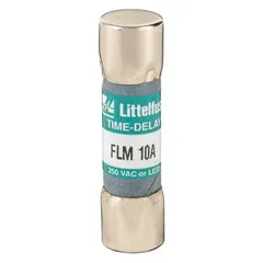 Time-delay cylindrical fuse rated 10 A and 250 V AC. Midget size with 13/32 in x 1 1/2 in dimensions and non-indicating design. Provides overcurrent protection in industrial equipment such as control panels, motor circuits, and lighting systems where time-delay characteristics help avoid nuisance tripping from inrush currents.