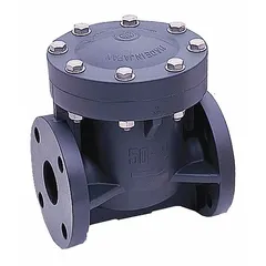 This ASAHI swing check valve features an inline valve body with flange x flange connections, a PVC body, and an EPDM seal. It is designed to prevent backflow in piping systems handling corrosive or non-corrosive fluids. Typical applications include water treatment, chemical processing, and industrial plumbing where one-way flow control is required.