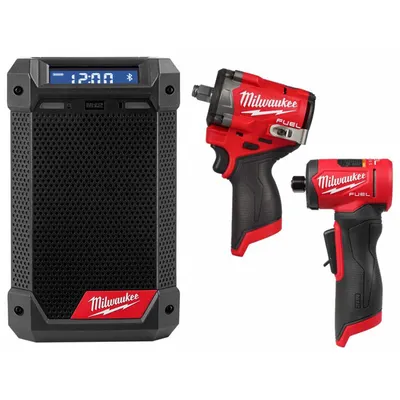 MILWAUKEE Tool Combination Kit: 3 Tools, Die Grinder/Impact Wrench/Radio, 12 V DC Volt - Milwaukee 12V Cordless Tool Combination Kits