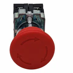 This Dayton mushroom-head push button is a non-illuminated, maintained-action emergency stop device. It features a metallic construction with a 22 mm mounting size and 2NC contact configuration. Suitable for industrial control panels where a push-to-lock, twist-to-release operation is required.