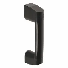 Black plastic bridge handle with unthreaded holes, 24 mm profile, and 113 mm grip length. Accepts M6 screws. Suitable for use on industrial equipment access points such as panels, doors, and covers.
