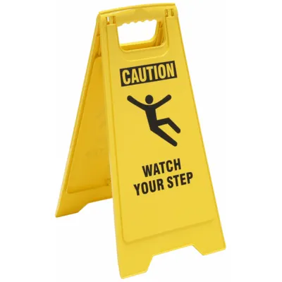 OEM Floor Safety Sign: Polypropylene, 24 in x 11 29/36 in x 12 in Nominal Sign Size - Caution: Watch Your Step Folding Signs