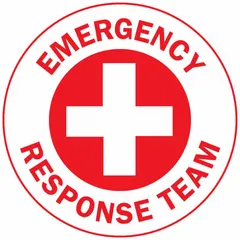 Non-reflective circle labels for hard hats, 2-inch diameter, English text, pack of 4. Used to identify emergency response team members in industrial environments such as plants, warehouses, and construction sites.