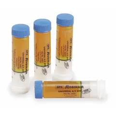 This A/C dye refill kit contains four 1 oz twist-on cartridges of universal fluorescent dye for leak detection in air conditioning systems. The dye circulates with refrigerant and glows under UV light to pinpoint leaks. Includes service stickers for labeling serviced units.