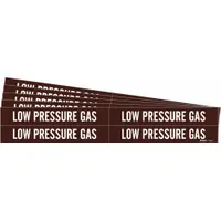 Brown adhesive pipe marker with white legend reading 'Low Pressure Gas'. Designed for pipe outer diameters from 3/4 to 2-3/8 inches. Each pack contains 4 markers without arrows, supplied in a 5-pack configuration. Used to identify low-pressure gas lines in industrial piping systems
