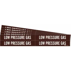 Brown adhesive pipe marker with white legend reading 'Low Pressure Gas'. Designed for pipe outer diameters from 3/4 to 2-3/8 inches. Each pack contains 4 markers without arrows, supplied in a 5-pack configuration. Used to identify low-pressure gas lines in industrial piping systems.