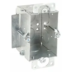 Steel cut-in electrical box for single-gang installations. Designed for mounting switches or receptacles in drywall or plaster walls. Box depth 2-1/2 in, width 2-5/8 in. Supplied without clamps or bracket for retrofit applications.