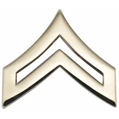 Metallic rank insignia for uniformed service dress. Features a silver chevron design on a metal base with clutch pin attachment. Measures 1 inch. Sold as 1 pair.
