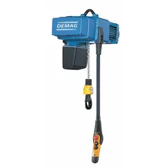 Heavy-duty electric chain hoist for extended-use lifting. Operates on 480V AC with variable speeds. Hook-mounted design without trolley. Suitable for precise load positioning in industrial environments.