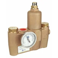 This bronze mixing valve blends hot and cold water to a tepid temperature for emergency fixtures. It features 3/4 in NPT female inlet connections and is used in safety showers and eyewash stations to deliver tempered water.