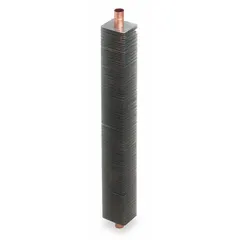 This hydronic baseboard heater element is 4 ft long, constructed with copper tubing and aluminum fins. It measures 4 ft x 3-5/8 in x 4-1/4 in and has a silver finish. Used in hydronic baseboard heating systems to transfer heat from hot water to room air.