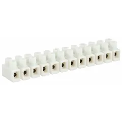 This 12-pole insulated surface mount barrier strip accepts wire sizes from 22 AWG to 12 AWG and supports a maximum current of 20 A. It is used for organizing and terminating multiple electrical connections in control panels, junction boxes, and machinery. No cover is included.