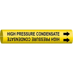 Yellow snap-on pipe marker with black legend reading 'High Pressure Condensate' and directional arrows. Fits pipe outer diameters from 3/4 to 1-3/8 inches. Used for identifying high-pressure condensate lines in industrial piping systems.