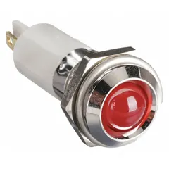 This LED indicator pilot light features a red raised head and is designed for panel mounting with a 12 mm hole diameter. It uses an M12 connection and a 0.11 male quick disconnect for electrical connection. Suitable for use on industrial control panels and machinery to indicate status.