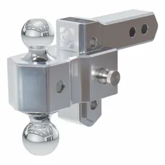 This adjustable ball mount features a dual ball design with 2-inch and 2-5/16-inch ball diameters, allowing towing of trailers with either coupler size. Constructed from aluminum and steel with a polished aluminum finish, it offers corrosion resistance. The universal design and adjustable ball mount style provide compatibility with various trailer types for light-duty towing tasks.