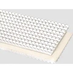 White food-grade multi-ply conveyor belting, 60 inches wide and 1/8 inch thick, cut to length with a 15-foot minimum. Designed for staple-style Alligator lacing. Suitable for sanitary material handling in food processing and packaging applications.