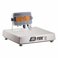 Stainless steel bench scale with corded remote indicator. Capacity 50 lb, readability 5 g/0.005 kg/0.2 oz/0.01 lb. IP66 rated for washdown environments. RS-232 connection port for data output. Suitable for industrial weighing applications requiring remote display.