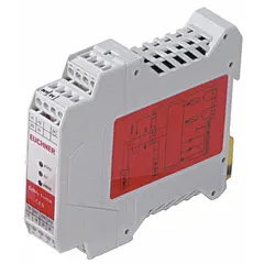 Safety evaluation unit from the CES-A series, rated 24 V DC with 1 input and 1NO contact configuration. Provides safety output of 6 A at 30 V AC. Designed for DIN rail mounting. Used in industrial machinery to monitor safety inputs and control safety outputs in automated production lines, packaging equipment, and robotic cells.