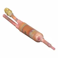 Copper shell filter drier for HFC refrigeration systems. Designed for 0.5 ton systems with a molecular sieve core. Features 1/4 inch sweat connections and 8 inch length. Removes moisture, acids, and contaminants from the liquid line to protect expansion valves and compressors