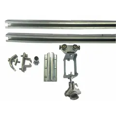 This track festoon kit includes a 50-foot C-rail track and end stops. It is designed for use with round cable or hose, requiring a minimum of 75 feet of cable or hose for operation. Suitable for managing and supporting cables on moving machinery in industrial environments.