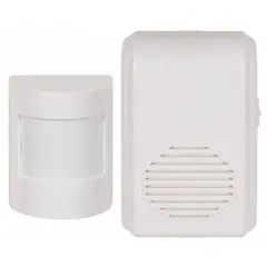 Wireless motion-activated chime with 6 1/4 in overall height. Designed to provide audible notification when motion is detected in a monitored area. Suitable for indoor use in retail entrances, office corridors, and restricted zones.