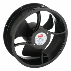 Standard round axial fan for general ventilation, air circulation, and cooling of electronic enclosures in industrial and commercial spaces. Features a 10-inch diameter, 3.5-inch depth, aluminum housing, IP20 rating, and operates on 115V AC power with terminal connections.
