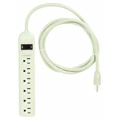 This power strip features six outlets, a 6 ft cord, and a 15 A current rating. It is designed for general purpose use in non-healthcare environments such as workshops, offices, or light industrial settings. Keyhole mounting allows for secure wall attachment.