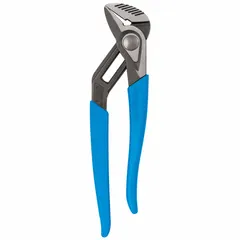 Flat-jaw tongue and groove pliers with push-button adjustment for quick repositioning. Overall length 12 in, maximum jaw opening 2 3/8 in. Suitable for gripping and turning flat or irregularly shaped objects in maintenance and repair tasks.