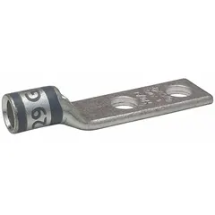 This two-hole compression lug is designed for terminating 4 AWG stranded copper wire. It features a standard copper barrel and a #10 stud size, with an inspection hole to verify full conductor insertion. Suitable for permanent electrical connections in industrial panels, switchgear, and machinery.