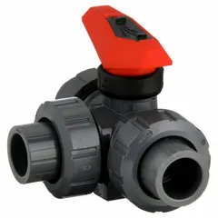 This three-way ball valve is made of PVC with an L-port flow pattern. It features socket x socket x socket connections and a locking lever handle for secure position control. Used for diverting or mixing fluid flow in PVC piping systems.