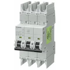 This 3-pole miniature circuit breaker features a D-curve trip characteristic and is rated for 1 A continuous current. It provides overcurrent and short-circuit protection in DC circuits up to 125V and AC circuits up to 277/480V with a 10kA interrupting capacity. The screw clamp terminals facilitate secure wiring connections, and the DIN rail mount design allows for installation in control panels and distribution boards.