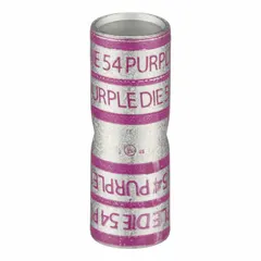 This crimped butt splice compression connector is designed for joining two 4/0 AWG copper wires. It features a copper barrel, purple color code, and die code 54, with a length of 1.9 inches. Used in electrical installations for power distribution, panel building, and heavy equipment wiring.